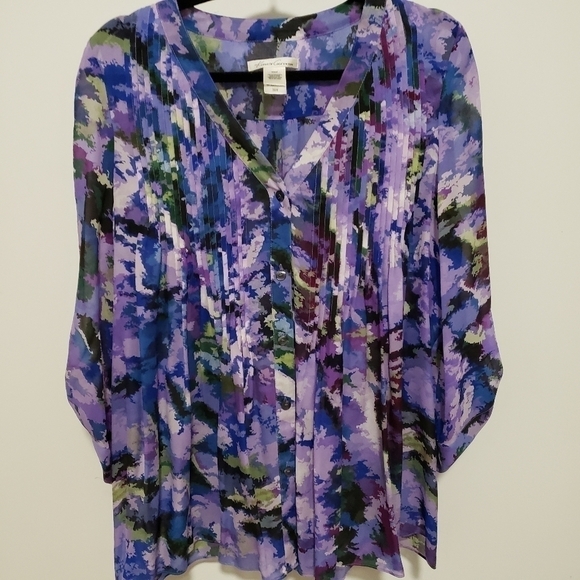 KENNETH Cole Purple & Blue Silk Oversized Pleated Blouse - Picture 1 of 5
